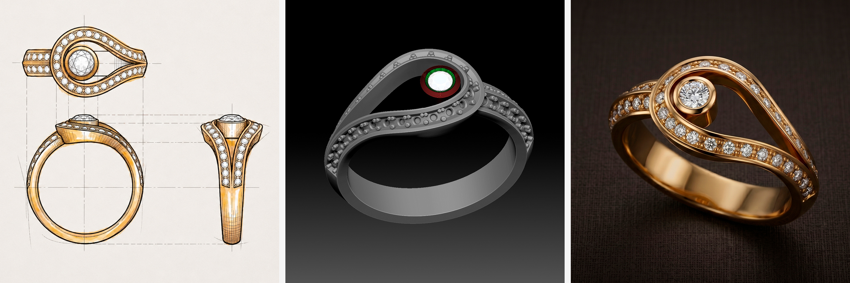 Spiral-set solitaire with double pavé band — CAD design case study, Studiojoia Pro