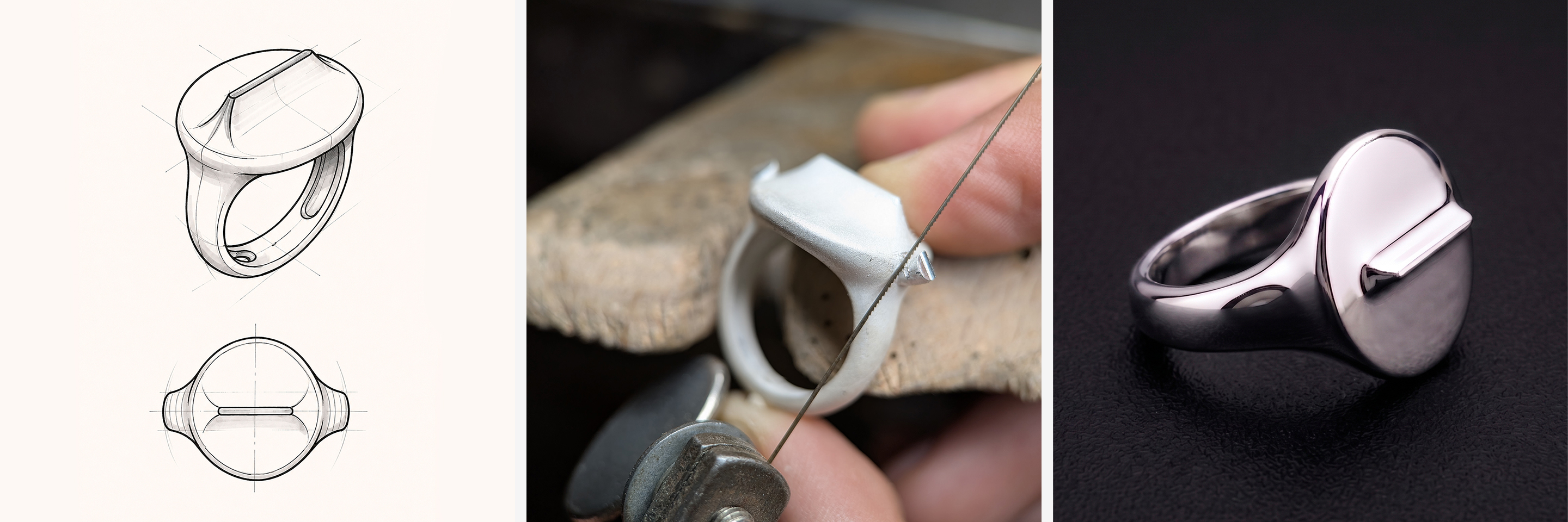 Arista ring, from technical sketch to bench work to CAD render in sterling silver